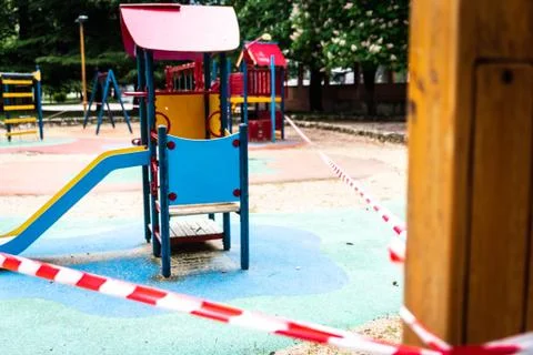 Closed and empty children playgrounds in Spain because of coronavirus, covid- Stock Photos