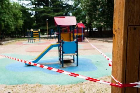 Closed and empty children playgrounds in Spain because of coronavirus, covid- Stock Photos