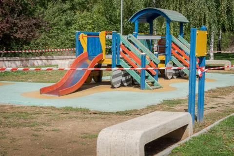 Closed and empty children playgrounds in Spain because of coronavirus, covid Stock Photos