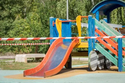 Closed and empty children playgrounds in Spain because of coronavirus, covid Stock Photos