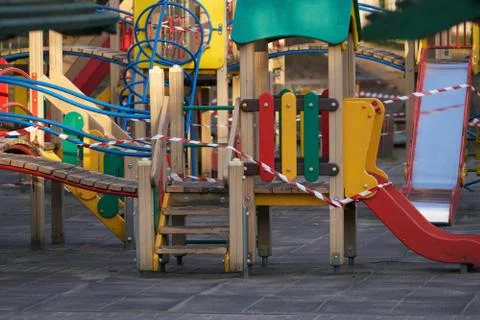 Closed and empty playgrounds because of coronavirus, covid-19, crisis, 2020 Фото