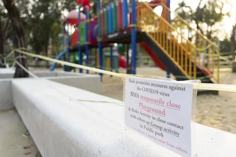 Closed and empty playgrounds in Lumpini public park, Bankok Thailand because  Stock Photos