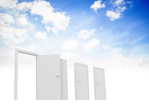 Closed and open doors in sky Stock Illustration