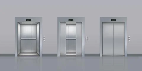 Closed and open elevator door, 3d lift. Realistic cargo inside office corridor Stock Illustration