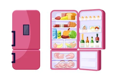 Closed and open fridge with assortment of grocery products flat vector Stock Illustration