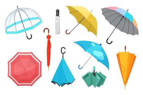 Closed and open umbrellas set, cute waterproof parasols with handle to protect Illustrazione stock