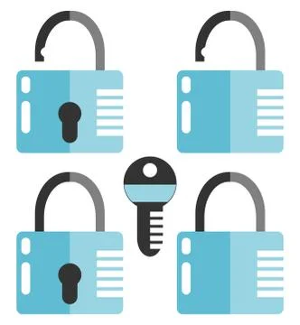 Closed and opened combination locks. Key. Flat design Illustrazione stock