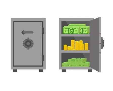 Closed and opened safe box. Iron strongbox for home or bank. Green dollars bills Stock Illustration