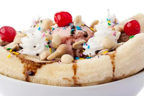 Closed up banana split sundae Stock Photos