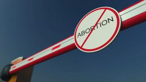 Closed barrier gate with NO ABORTION sign. Conceptual 3D rendering 库存插图