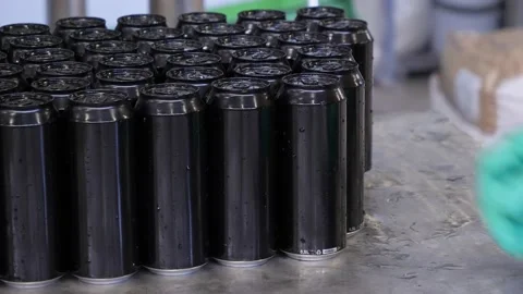 Closed beer cans are placed on a pallet. Brewing process Video stock 149665994
