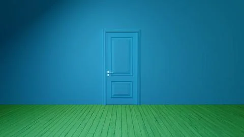 Closed blue door in empty room with green wooden floor Stock Illustration