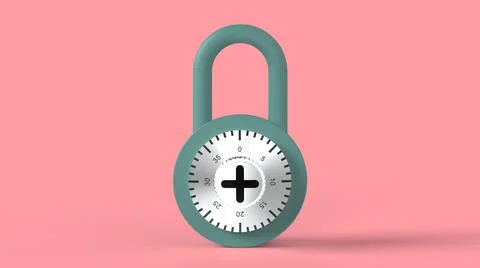 Closed blue padlock with figures on pink background 3d rendering image Stock Illustration