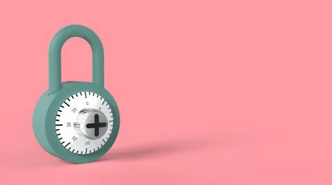 Closed blue padlock with figures on pink background 3d rendering image Stock Illustration