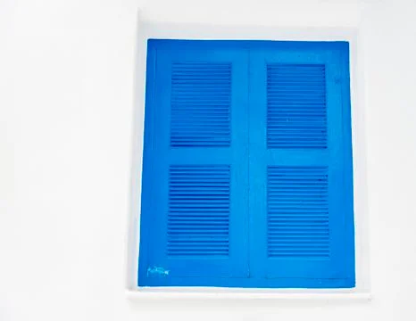 Closed blue window with white wall Stock Photos