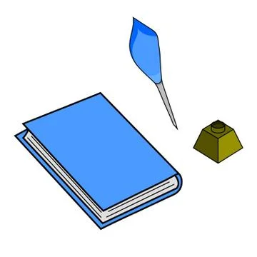Closed Book, Feather and Ink Pot isolated on white background. Vector. Stock Illustration