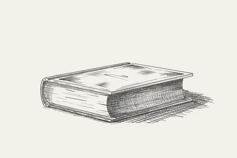 Closed book lying on the table - sketch in ink-drawn style with hatching. Hand Stock Illustration