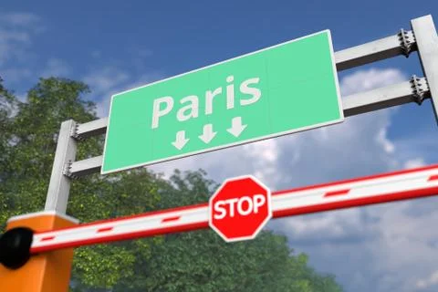 Closed boom barrier near Paris, France road sign. Coronavirus or some other Stockillustratie