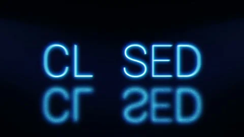 Closed bright glowing neon blinking signboard. Blue letters with shadow. Video stock 142350830