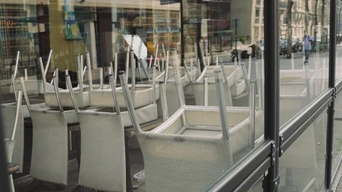 Closed cafe terrace in Paris during coronavirus lockdown 4K Stock Footage 126752932