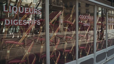 Closed cafe terrace in Paris during coronavirus lockdown 4K Stock Footage 128395479