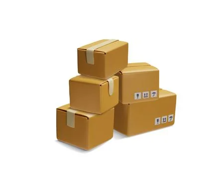 Closed cardboard boxes stack, vector 3D carton boxes with fragile care signs Illustrazione stock
