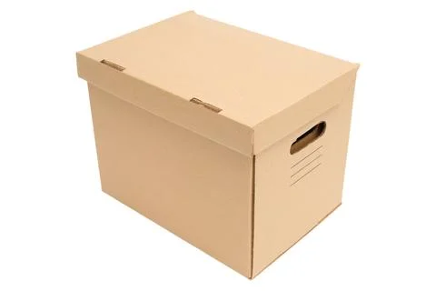 Closed cardboard file box on white background. Empty brown paper storage co.. Stock Photos
