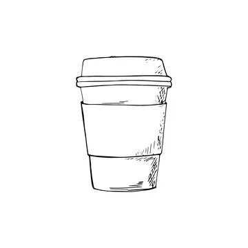 Closed coffee cup. Hand-drawn paper cup with a lid.  Isolated illustration .. Stock Illustration
