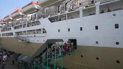 Closed up crowds of ship passengers crammed out of the ship full of luggage 스톡 동영상 200130806