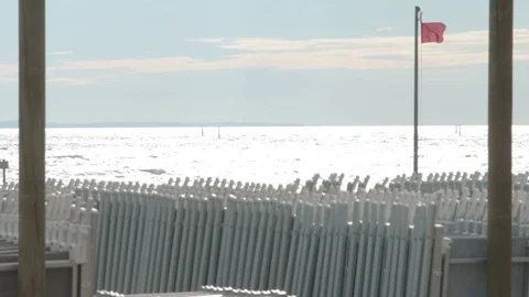 Closed Deckchair in a Windy Winter View Sea and Red Flag Stock Footage 117466097