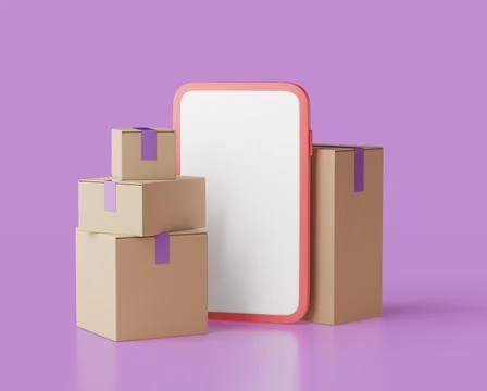 Closed delivery boxes and smartphone with clear screen 3d render illustartion Stock Illustration