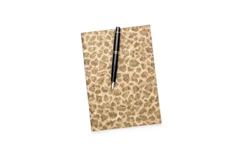 Closed diary with golden pattern on cover and black ball pen, isolated on whi Stock Photos