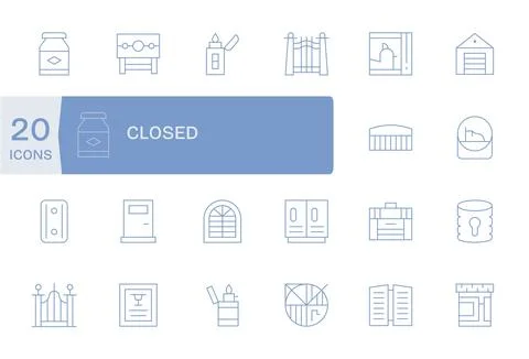 Closed Digital Vector Pack containing 20 PIXEL Perfect Thin Line 128x128 Icon Stock Illustration