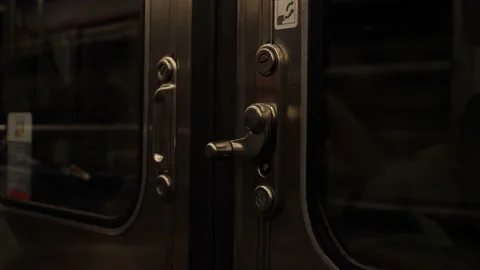 Closed door of a metro train on the move Stock Footage 197027703