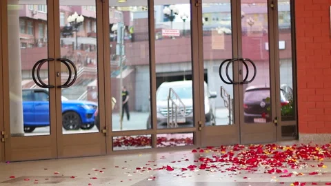 The closed doors of the house in front of them are scattered rose petals on the Stock Footage 142807757