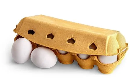 Closed egg tray and two eggs in front Stock-Fotos