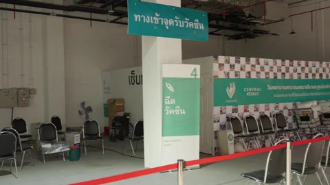 Closed &amp; Empty, Thailand Indoor Covid Vaccination Clinic At Shopping Mall Stock Footage 256049536