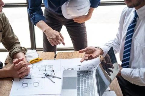 Closed up engineer meeting teamwork brain storm discussing for architectural Stock Photos