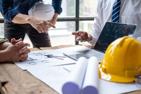 Closed up engineer meeting teamwork brain storm discussing for architectural Stock Photos