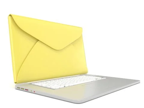 Closed envelope on laptop. Side view. 3D Stock Illustration