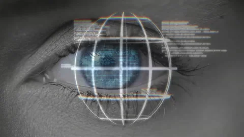 Closed eyelid initiating 3D wireframe globe hovering over iris while code Stock Footage 313148391