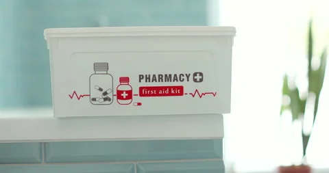 Closed first aid kit bag at home, box object close up. Life saving, medical care Stock Footage 308939133