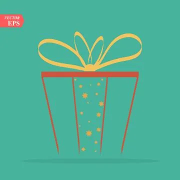 Closed flat gift box, surprise concept. Red square gift box with yellow ribbo Illustrazione stock