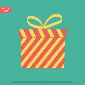 Closed flat gift box, surprise concept. Red square gift box with yellow ribbo Stock Illustration
