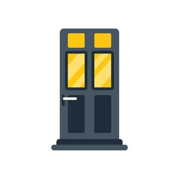 Closed front door with yellow light shining through glass panels Ilustración de archivo