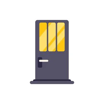 Closed front door with yellow window and handle on white background Illustration