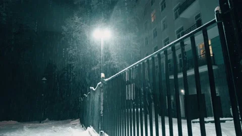 Closed gate of an apartment building and street lamp in heavy snow at night 库存影片 166536005