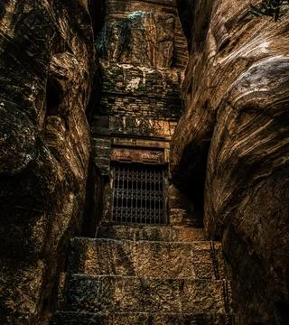 Closed gate of Badami cave 2 which is entrance to the tipu fort at the top .. Stock Photos