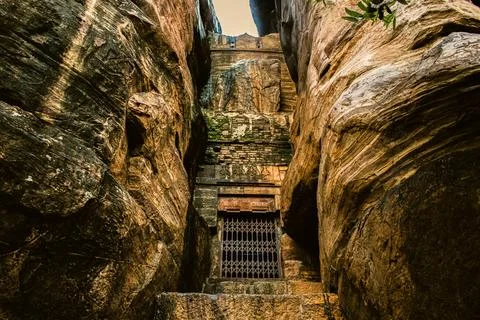 Closed gate of Badami cave 2 which is entrance to the tipu fort at the top .. Stock Photos