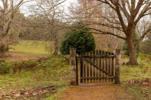 Closed gate on pathway in winter Foto stock